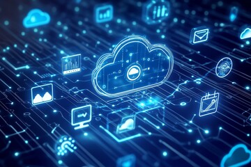Aufkleber - Digital Cloud Computing Concept With Glowing Icons Representing Online Data Management and Technology in a Futuristic Network Environment
