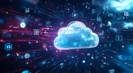 Aufkleber - Cloud Computing Concept With Data Transmission and Digital Icons Illuminated in Vibrant Colors