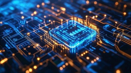 Poster - Detailed Close-Up View of a Futuristic Microprocessor on a Circuit Board Illuminated With Vibrant Neon Lights