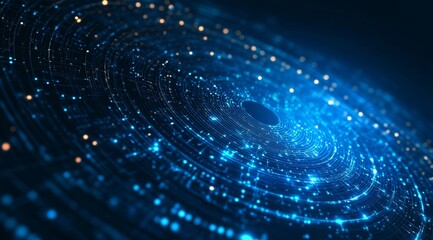Poster - Digital Visualization of a Black Hole Surrounded by Glowing Particles Illustrating Cosmic Phenomenon and Space Dynamics