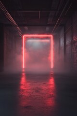 Poster - Mysterious Entryway Illuminated by Vibrant Neon Lights in an Industrial Setting at Night, Creating an Eerie yet Captivating Atmosphere