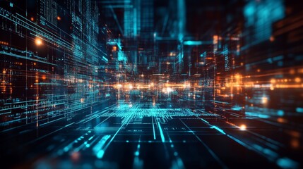 Aufkleber - Digital Landscape Showcasing Vibrant Blue and Orange Data Streams in a Futuristic Virtual Environment at Night