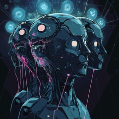 Poster - Three Robotic Heads With Glowing Features Demonstrate Advanced Technology in a Futuristic Setting Showcasing Modern Artificial Intelligence Design
