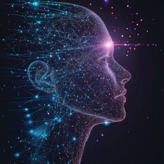 Poster - Digital Representation of a Human Head Filled With Interconnected Nodes and Glowing Particles in a Cosmic Setting at Night