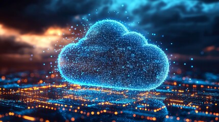 Poster - Digital Cloud Technology Visualized Against a Futuristic Cityscape With Glowing Lights During Twilight