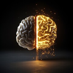 Poster - Conceptual Representation of a Human Brain Split in Half, Showcasing the Contrast Between Darkness and Light in a Striking Visual Study