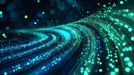 Poster - Vibrant Abstract Waves of Blue and Green Light Create a Mesmerizing Digital Landscape With Glowing Particles Floating in Dark Space