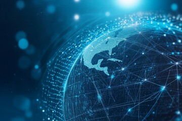 Poster - Visual Representation of a Digital Globe Showcasing Interconnected Networks and Data Streams Highlighting North America in a Futuristic Style