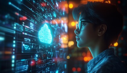 Poster - Young Person Interacting With Digital Cloud Technology in a Futuristic Urban Setting During Evening Hours