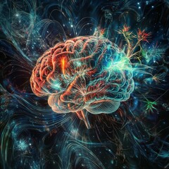 Poster - Colorful Brain Illustration With Glowing Neurons in a Vibrant Cosmic Background Showcasing the Complexity of Human Thought and Imagination