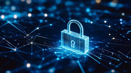 Poster - Digital Lock Symbolizing Cybersecurity Protection on a Network Background With Multiple Connections and Data Points Illuminated in Blue Light