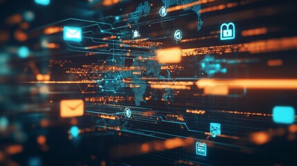 Poster - Global Digital Connectivity Visualized Through Vibrant Data Streams and Technology Icons in a Modern Network Representation