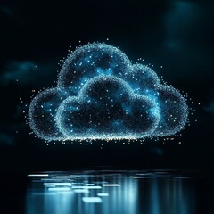 Poster - Digital Cloud With Glowing Particles Reflects on Tranquil Water Surface at Night in an Abstract Setting