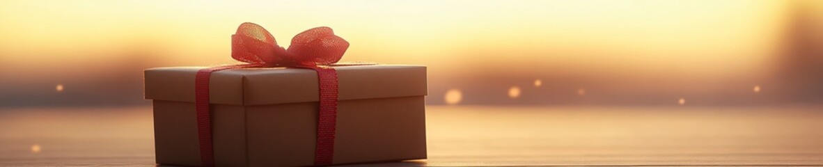 Wall Mural - A beautifully wrapped gift box with a ribbon against a soft sunset background.