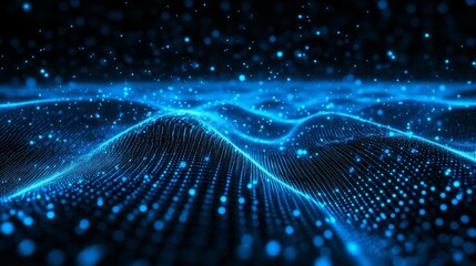 Poster - Abstract Digital Landscape Featuring Glowing Blue Waves and Particles Against a Dark Background, Creating a Sense of Depth and Movement