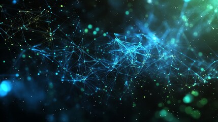Poster - Captivating Abstract Representation of Interconnected Nodes and Vibrant Particles in Blue and Green Tones
