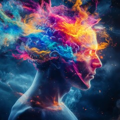 Poster - Creative Representation of a Person's Thoughts and Emotions Illustrated Through Vibrant Colors and Swirling Forms in a Surreal Digital Artwork