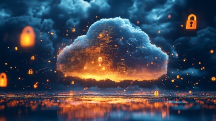 Poster - Digital Cloud With Glowing Locks Symbolizing Online Security Against Dark Stormy Backdrop