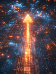 Poster - Digital Arrow Ascending Through a Vibrant Cloud of Glowing Particles and Data Streams in a Futuristic Landscape at Night