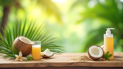 Aufkleber - Wooden table countertop with summer products displayed on a blurred coconut leaf background in a natural setting._00002_