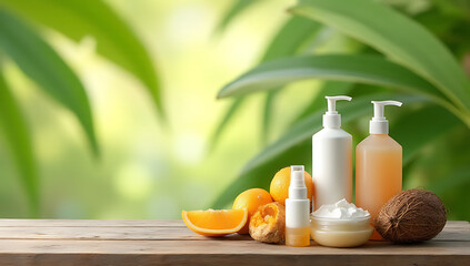 Aufkleber - Wooden table countertop with summer products displayed on a blurred coconut leaf background in a natural setting._00001_