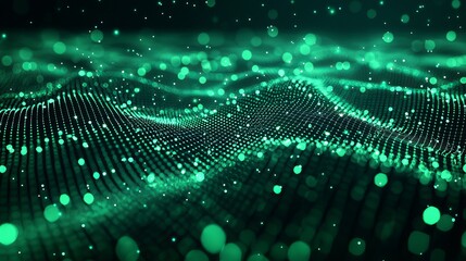 Poster - Vibrant Green Light Waves Create a Mesmerizing Visual of Digital Particles in Motion Over a Dark Background During a Futuristic Display