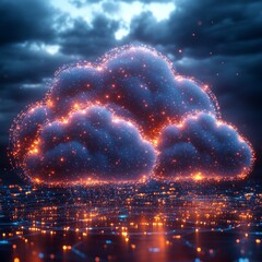 Poster - Digital Clouds Glowing With Vibrant Colors Against a Dark Backdrop of a Stormy Sky, Showcasing a Blend of Technology and Nature at Dusk