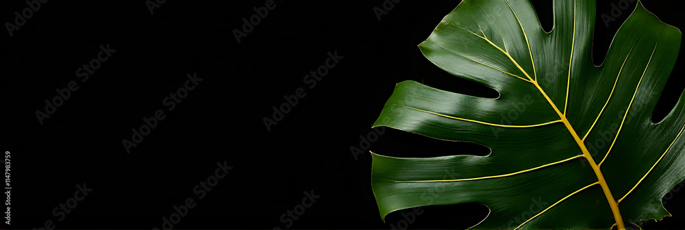 Tropical leaves with a foliage plant in a gold color placed on a black ...
