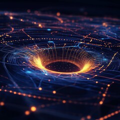 Poster - Visual Representation of a Black Hole Surrounded by an Intricate Network of Glowing Particles and Lines in a Dark Cosmic Environment