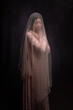 © Milou Dirks - classic studio art portrait of young asian woman in pink lace dress covered by thin fabric