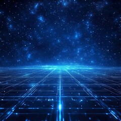 Poster - Vast Blue Cosmic Landscape With Glowing Grid Patterns and Stars in the Distant Galaxy Filled With Energy and Light