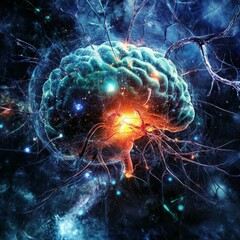Aufkleber - Exploring the Vibrant Connection Between the Human Brain and the Cosmos in an Abstract Representation of Neural Activity and the Universe's Mysteries