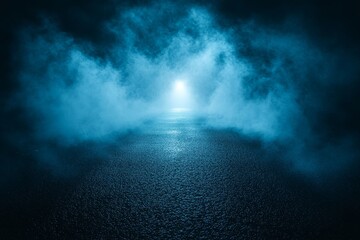 Poster - Mysterious Fog Envelops a Dimly Lit Pathway During the Night, Creating an Eerie Atmosphere in the Quiet Landscape With Soft Blue Hues and Subtle Light