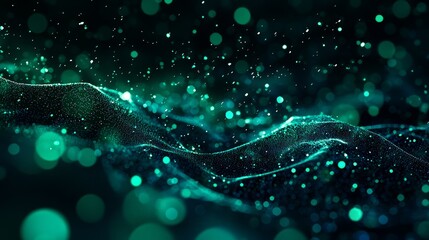 Poster - Luminous Particles Swirling in a Vibrant Green Underwater Scene, Depicting an Abstract View of Movement and Light Effects in a Digital Environment