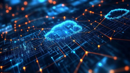 Aufkleber - Digital Representation of Cloud Computing Technology With Interconnected Nodes and Vibrant Lights During a Futuristic Network Analysis