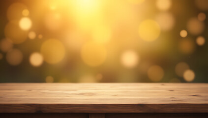 Poster - Table top with blurred light gold bokeh background ideal for empty space to create a visually appealing montage and layout display._00001_