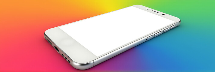 Poster - Smartphone sits on a colorful background with its white screen facing upwards, creating a visually appealing contrast._00002_