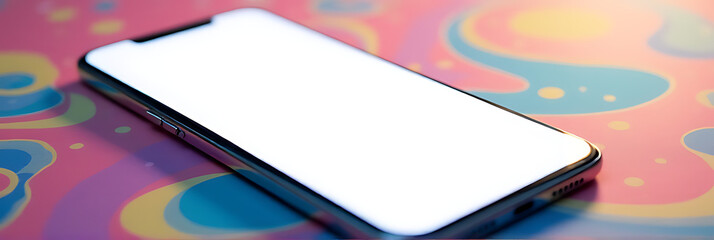Poster - Smartphone sits on a colorful background with its white screen facing upwards, creating a visually appealing contrast._00001_