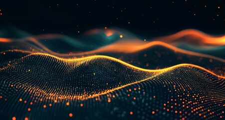 Poster - Vibrant Digital Landscape of Waves Produced by Light and Particles in a Darkened Space During a Futuristic Display of Colors and Textures