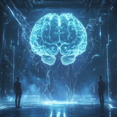 Poster - Futuristic Visualization of a Glowing Brain Structure in a High-Tech Environment With Two Figures Observing the Digital Display at Night