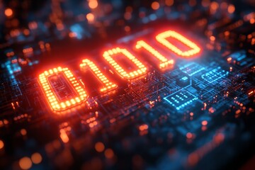 Poster - Digital Display With Binary Code Illuminated Against a Complex Circuit Board at Night Showcasing Technology and Innovation Elements
