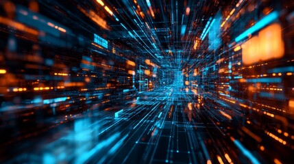 Poster - Vibrant Abstract Digital Corridor With Blue and Orange Light Trails Illustrating Fast Movement Through a Futuristic Data Space