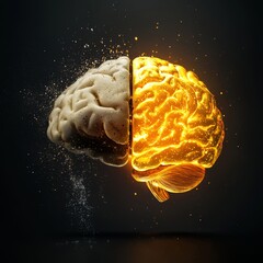 Poster - Half of a Brain in Contrasting Colors Symbolizes Creativity and Logic Against a Dark Background, Showcasing the Power of Human Thought Processes
