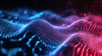 Poster - Colorful Digital Wave Patterns Create an Abstract Representation of Sound and Light Dynamics in a Virtual Space During Nighttime