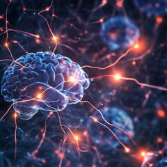 Poster - Digital Representation of a Human Brain Interconnected With Glowing Neural Networks Showcasing Complex Neuroactivity in a Dark Environment
