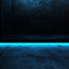Poster - Neon Blue Light Illuminates Dark Walls and Floor in a Modern Room Setting During Evening Hours