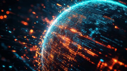 Poster - Digital Representation of a Glowing Globe With Blue and Orange Lights Depicting a Futuristic World Network at Night