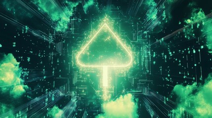 Poster - Bright Green Geometric Shape Illuminated Against a Dark, Digital Background Filled With Clouds and Abstract Elements