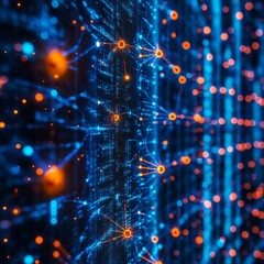 Poster - Digital Network Visualization Displaying Interconnected Nodes and Vibrant Colors Amidst a Dark Backdrop Representing Technology and Data Transfer