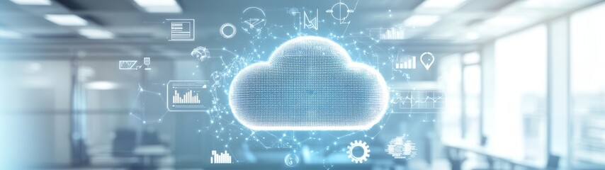 Aufkleber - Cloud Computing Technology Displayed in a Modern Office Environment With Digital Icons Representing Data Management and Analytics Tools